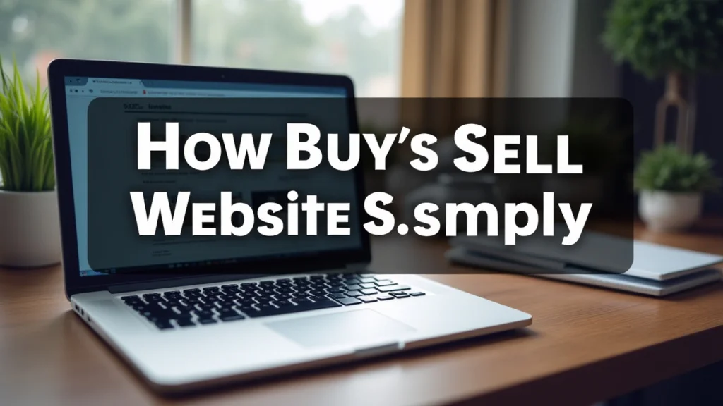 The image shows a clean desk with a laptop displaying a website marketplace for buying and selling online.